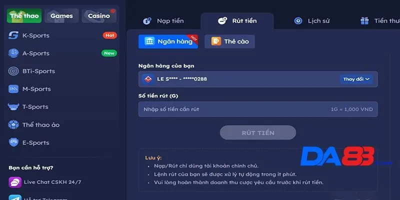 Hướng dẫn chi tiết từng bước rút tiền tại nhà cái DA88