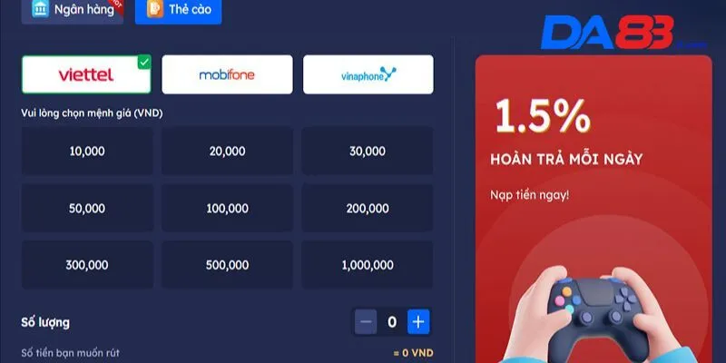 Rút tiền DA88 bằng thẻ cào điện thoại
